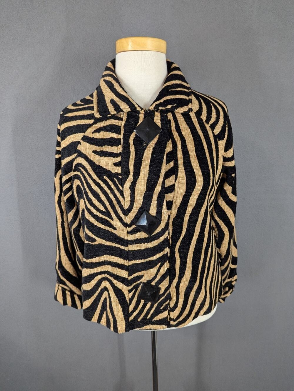 Painted Point Blazer Womens Small Black Gold Zebra Animal Print Big Buttons Vtg